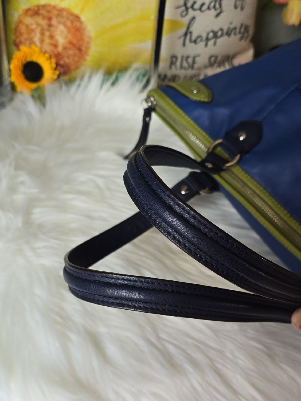 Coach Daisy Spectator Blue Leather Tote with Lime Trim and Navy Blue Handles - Picture 15 of 15